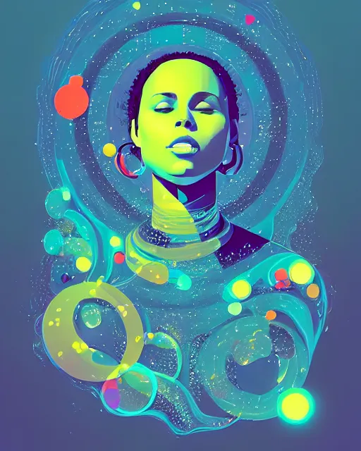 Prompt: alicia keys portrait, stylized musical notes floating, bubbles, radiant halo of light, artgerm, petros afshar, tom whalen, ismail inceoglu