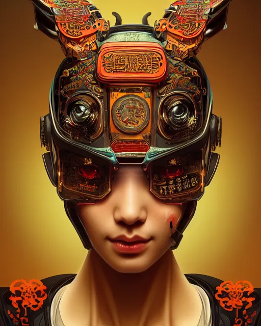 Image similar to portrait of a cyberpunk machine, machine face, upper half portrait, decorated with chinese opera motifs, asian, fine china, wuxia, traditional chinese art, intricate, elegant, highly detailed, symmetry, headpiece, digital painting, artstation concept art smooth sharp focus, illustration, art by artgerm and greg rutkowski alphonse mucha 8 k