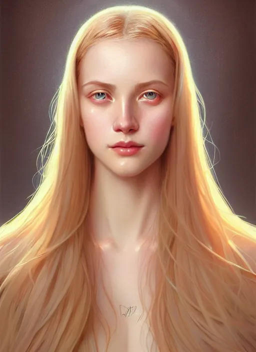 Prompt: symmetrical feminine face, portrait of young woman blessed by god with ever - increasing physical and mental perfection, blonde hair, perfect face!! intricate, elegant, highly detailed, vision of holy perfection!! smile, digital painting, artstation, concept art, smooth, sharp focus, illustration, art by artgerm and greg rutkowski and alphonse mucha