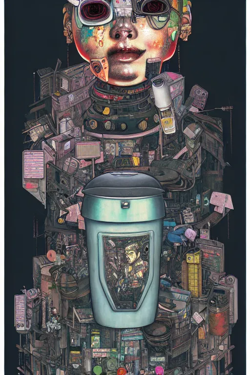 Prompt: full view, from a distance, of anthropomorphic trashcan from the movie blade runner, style of yoshii chie and hikari shimoda and martine johanna, highly detailed