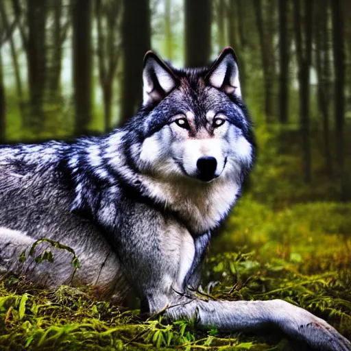 Prompt: realistic wolf fursuit, meditating in the forest, in the morning, fog, ambient light, photo