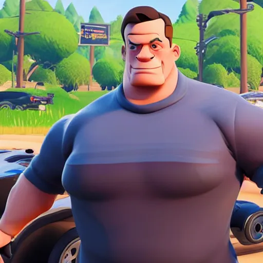 Image similar to fat john cena driving a car with really big tires, super big tires, chonky tires, fortnite screenshot. Chonkers. Chonk.