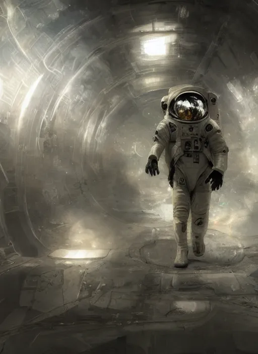 Image similar to concept art by craig mullins astronaut in futuristic dark and empty spaceship underwater. infrared glowing lights. complex and hyperdetailed technical suit. reflection and dispersion materials. rays and dispersion of light. volumetric light. 5 0 mm, f / 3 2. noise film photo. flash photography. unreal engine 4, octane render. interstellar movie art