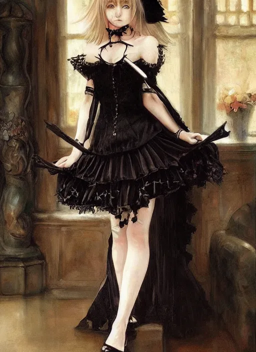 Prompt: misa amane, gothic dress. by rembrandt, ( ( konstantin razumov ) ), artgerm