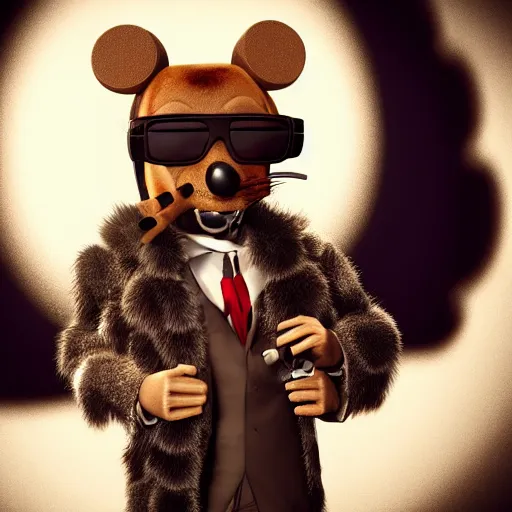 Prompt: an anthropomorphic gangster rat, octane render, digital art, 3 d, studio lighting, post processing, smoking a big cigar, wearing sunglasses, wearing a fur coat