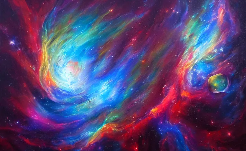 Prompt: an abstract oil painting of an unbelievably beautiful space nebula; all swirling light and fire; hyper-detailed; an extraordinary masterpiece!!!; flawless; trending on artstation