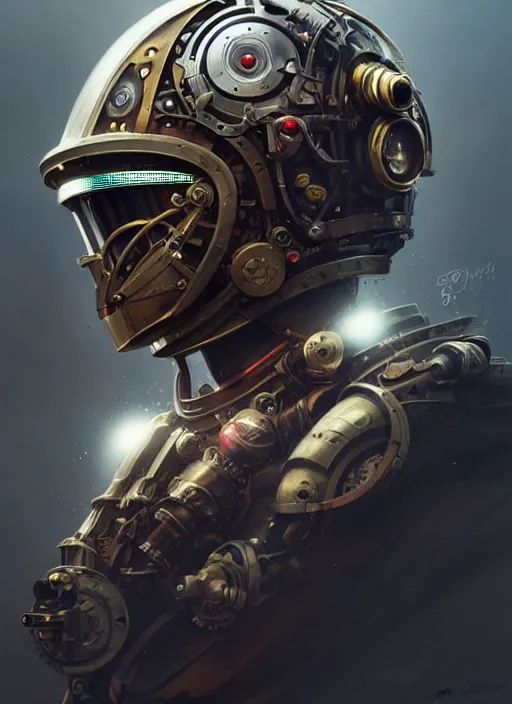 Image similar to a futuristic steampunk robotic helmet for motogp highly detailed, digital painting, concept art, smooth, sharp focus, illustration, art by greg rutkowski