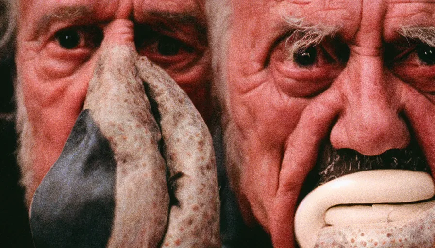 Image similar to 7 0 s movie still of a old man with trypophobia mouth, cinestill 8 0 0 t 3 5 mm, heavy grain, high quality, high detail