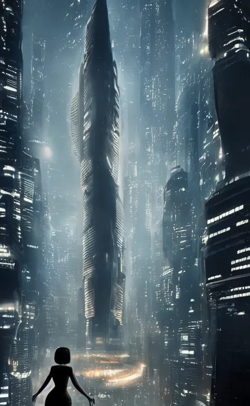 Prompt: an elegant Black woman in dress and heels, her back is to us, looking at a futuristic Blade Runner city,