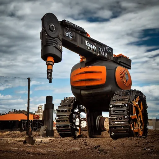 Prompt: giant scary treaded mining robot with drill, mining scrap metal, highly detailed body, retro, industrial, dark, dystopian, apocalyptic, clean, 8 5 mm f / 1. 4