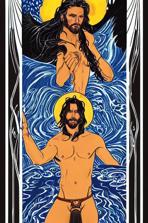 Prompt: a beautiful symmetrical tarot! card of an open-shirt beautiful long-haired black cowboy! in front of a torrential flooding river, homoerotic, white water rapids, art deco!, art nouveau, by Mark Maggiori, trending on artstation