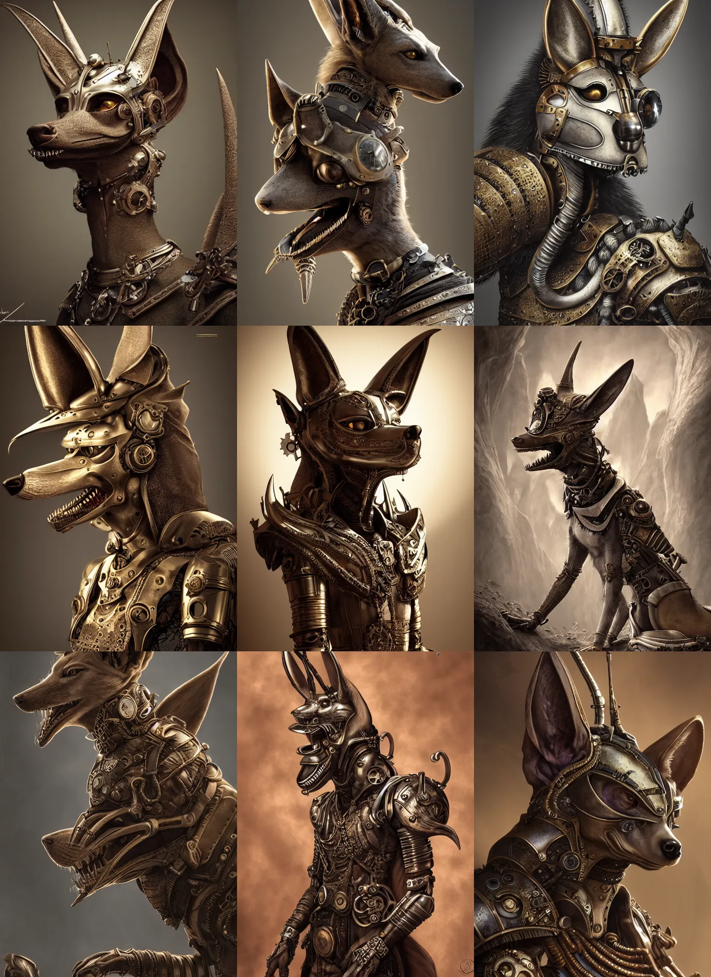 Prompt: anthropomorphic jackal wearing steampunk armor, beautiful natural rim light, intricate, fantasy, anubis, elegant, hyper realistic, photo realistic, ultra detailed, concept art, octane render, beautiful natural soft rim light, uplight, silver details, elegant, ultra detailed, dustin panzino, giger, mucha