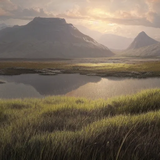 Prompt: concept art painting of a moorland swamp marsh on a plateau with mountainous forest below, realistic, detailed, cel shaded, in the style of makoto shinkai and greg rutkowski and james gurney