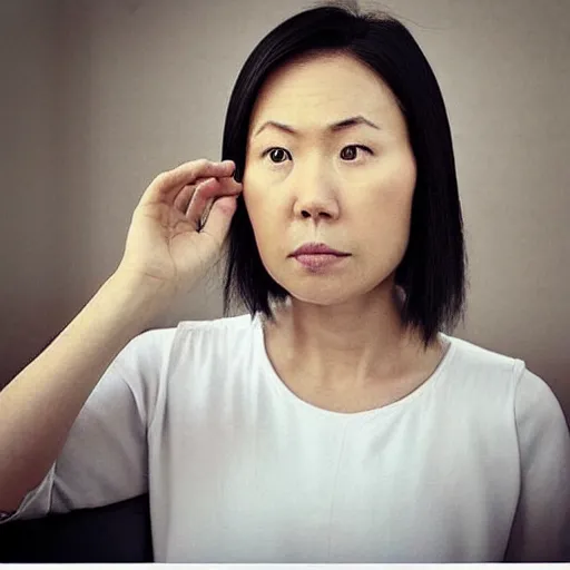 Prompt: an Instagram photo of an unsatisfied Asian woman in her 40s, Minimalist Theme