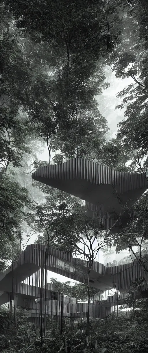 Image similar to architecture inspired by le corbusier in the rainforest. nature is taking over. upside down. metabolism. matte painting. octane render. hdr. volumetric lighting. global illumination. atmospheric. photorealistic. color scheme black and white.