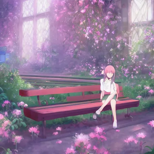 Image similar to advanced digital art. A beautiful girl is sitting on a bench reading in an abandoned train station that is overgrown with vines and flowers, Digital Anime pastel painting, Sakimichan, WLOP, RossDraws, pixivs, Makoto Shinkai. —H 2160