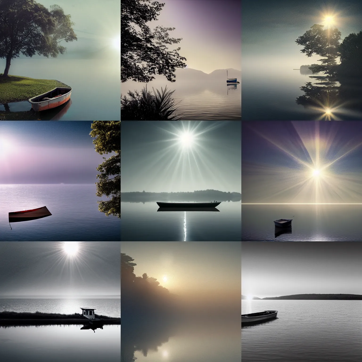 Prompt: landscape with boat on a lake, surrealism, beautiful light, HDR, hazy, foggy, atmospheric perspective, volumetric fog, cinematic, zoom 1000mm lens, anamorphic lens flare, photographic, cinematography by roger deakins, in the style of ansel adams, low details,