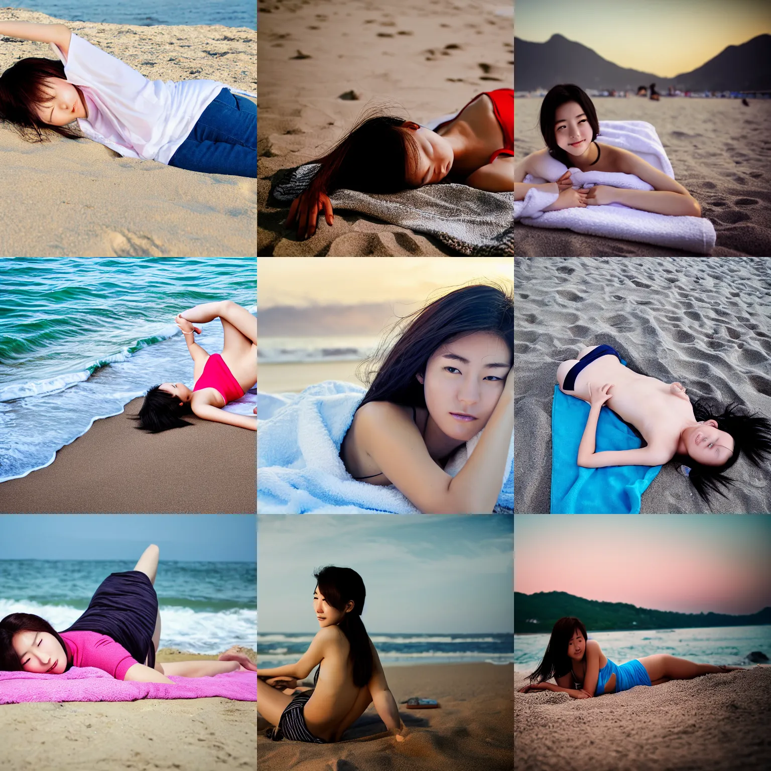 Prompt: South Korean teenager woman on the beach laying on a towel, professional photography