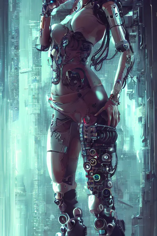 Image similar to cyberpunk, female character, beautiful head, nice legs, concept art, artstation, intricate details, dramatic lighting