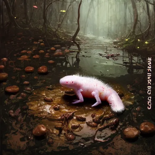 Image similar to Cute marshmallow axolotl crawling from a cacao swamp, salamander, candy world, oil painting, by Greg Rutkowski