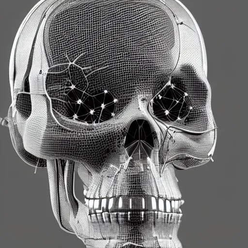 Image similar to very detailed portrait 55mm photo of a mechanical crystal head without skin, optic fiber nerves, gears in his head and cybernetic enhancements with no plating. with cybernetics. Has cameras for eyes. In the forest with bokeh. Ray tracing and tessellation. Very sharp high detailed 8k image