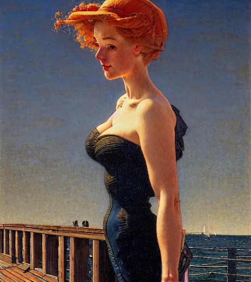 Image similar to a fancy beautiful young lady standing on a wharf at the edge of the sea by brom and gil elvgren and jean delville and william blake and norman rockwell and dan mumford, crisp details, hyperrealism, high detail, high contrast, low light, grey mist, cobblestones, dim lantern