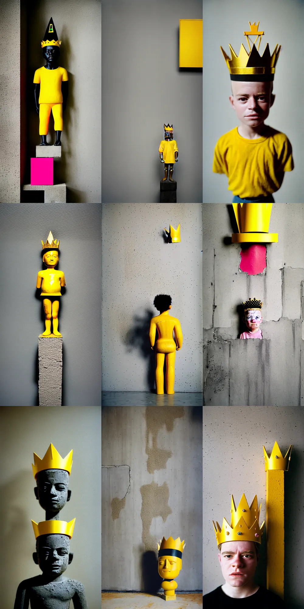 Prompt: kodak portra 4 0 0, 8 k, shot of a highly detailed, britt marling style, colour still - life portrait of a large minimalistic room, rough concrete walls, the wooden statue of a yellow - black - striped little man with pink crown on his head