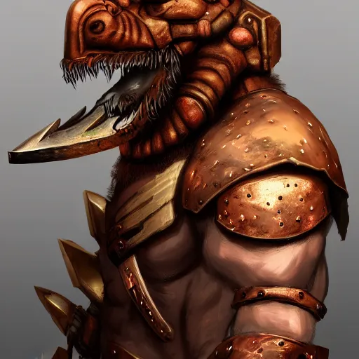 Prompt: portrait concept art of a wounded, copper DnD dragonborn barbarian with a lot of battlescars, character design, concept art, render, trending on artstation