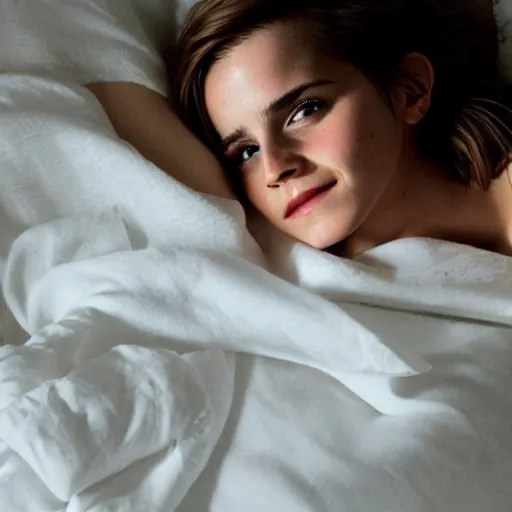 Image similar to emma watson in bed, comfy, with a little white blanket, bare shoulders, freckles, no makeup, no filter, natural skin, messy hair, sleepy, smiling sheepishly