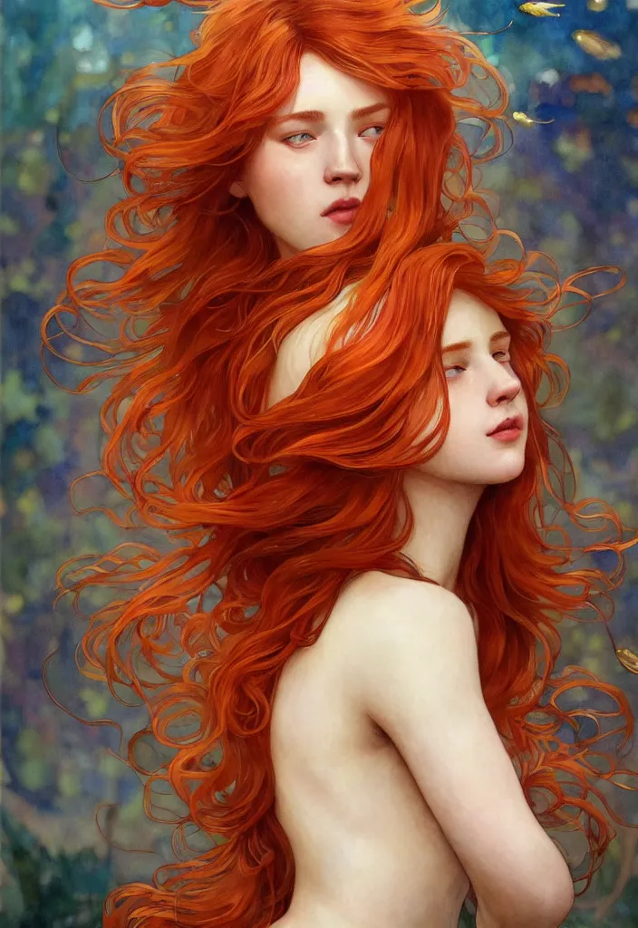 Prompt: beautiful watercolor painting of a young red hair woman surrounded by a school of long golden fish, intricate, elegant, highly detailed, digital painting, artstation, concept art, smooth, sharp focus, art by krenz cushart and artem demura and alphonse mucha, dynamic lighting, full body shot, ultrarealistic, cinematic, octane render, 8 k