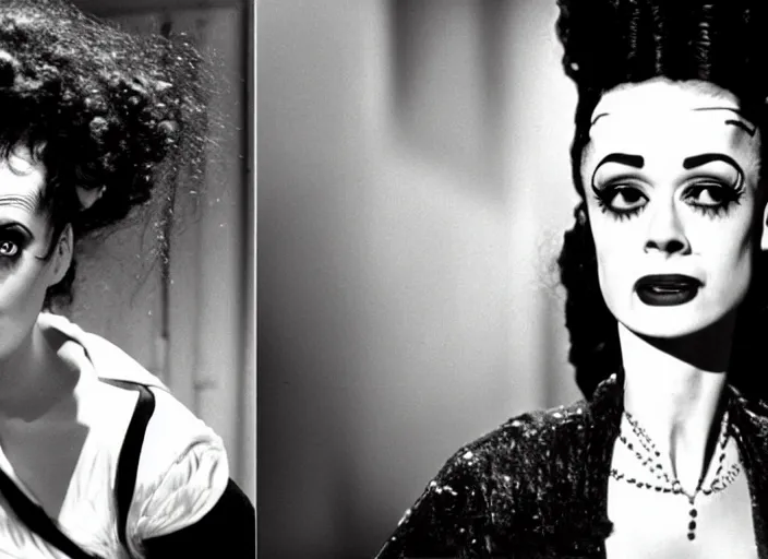 Image similar to instant photo, bride of frankenstein ( 1 9 3 5 ) as teen, still from the movie beetlejuice, cinematic, 1 9 7 0's movie still