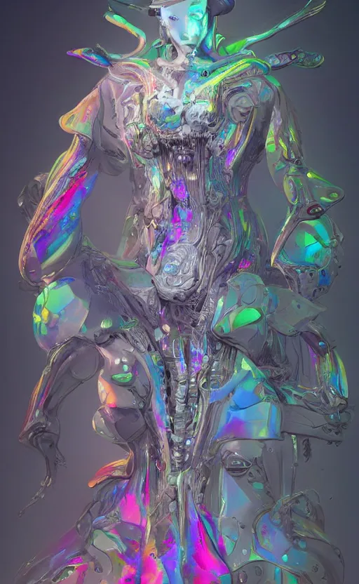 Image similar to hard surface form fused with organic form fashion outfit design, rainbow iridescent accents, full body frontal view, Peter mohrbacher, zaha hadid, tsutomu nihei, emil melmoth, zdzislaw belsinki, Craig Mullins, yoji shinkawa, trending on artstation, beautifully lit, hyper detailed, insane details, intricate, elite, ornate, elegant, luxury, dramatic lighting, CGsociety, hypermaximalist, golden ratio, octane render, weta digital, micro details, ray trace, 8k,