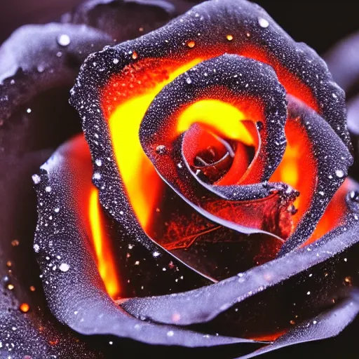 Image similar to award - winning macro of a beautiful black rose made of glowing molten magma