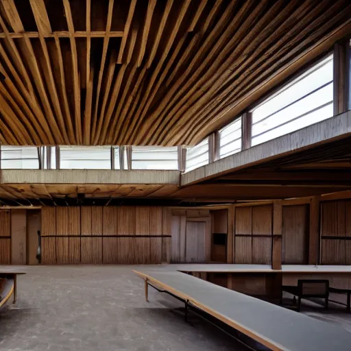 Image similar to interior of a wooden brutalist building