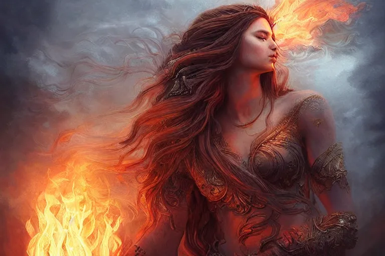 Image similar to Majestic painting of a beautiful young female fire goddess!!, intricate, epic, elegant, menacing, fantasy, highly detailed, digital painting, hard focus, beautiful volumetric lighting, epic light, ultra detailed, souls, smoke, by Leesha Hannigan, Ross Tran, Thierry Doizon, Kai Carpenter, Ignacio Fernández Ríos