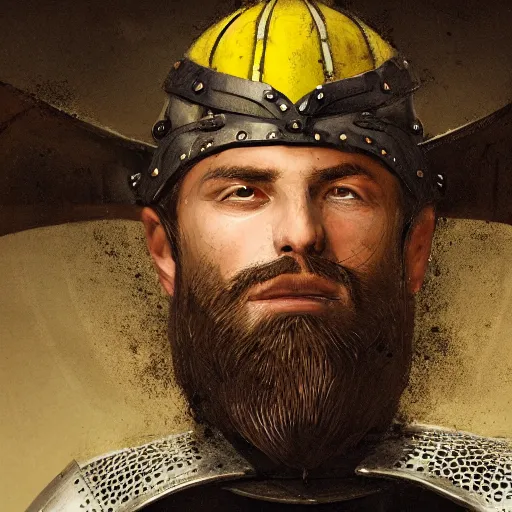 Image similar to Closeup of frustrated male medieval lieutenant with a {short} beard wearing a black!!!! and yellow tabard over a steel breastplate and a black gambeson looking up from a map on a table, intricate, dramatic lighting illustration by Greg Rutkowski, ArtStation, digital art, fantasy