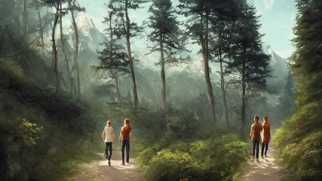 Prompt: “ a couple and a young boy, walk on a trail in forest, with a white color golden retriever, mountains in the background, highly detailed, by charlie bowater, by greg rutkowski ”