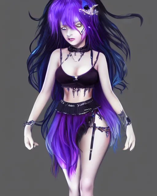 Prompt: kerli koiv animel goth girl with purple hair in mini skirt and crop top intricate, full body, extremely detailed, artstation, 8 k, sensual lighting, incredible art, wlop, artgerm