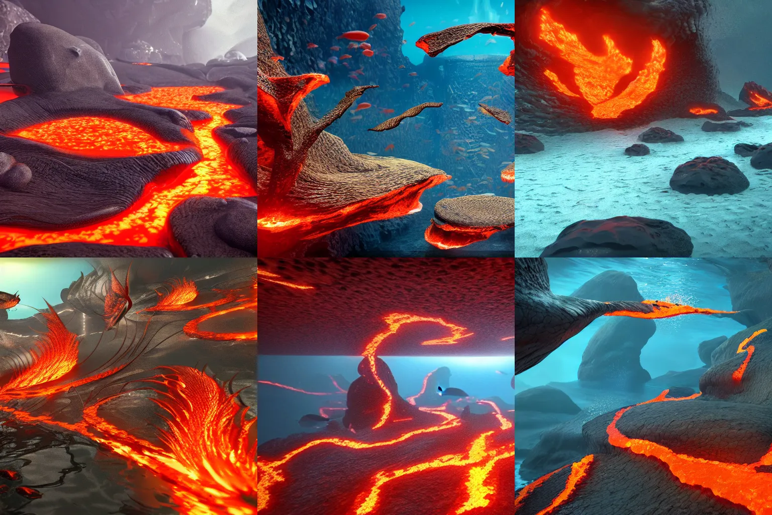 Prompt: school of fish swimming in flowing lava. 4 k video game concept art. unreal engine.