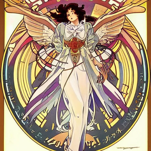 Image similar to anime manga mecha gundam angel angelic portrait by Alphonse Mucha art nuevou