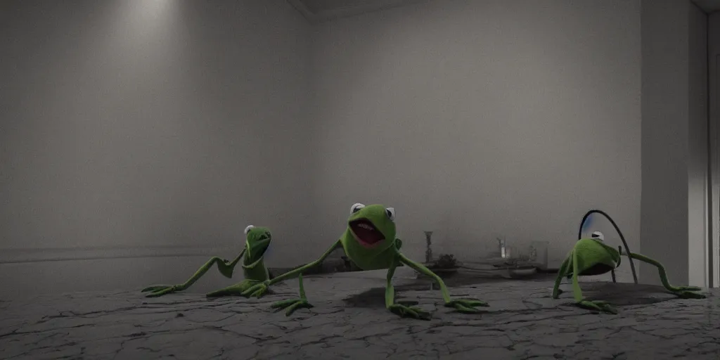 Prompt: kermit, horror, dark cinematic, volumetric, realistic, 3d render, Realistic Render, Cinematic lighting, Volumetric lighting, atmospheric, cinematic, unreal engine, unreal engine render, octane render, HD, photorealism, hyper realistic, photo, 8K, in the style of Chris Cunnigham, by Wes Anderson
