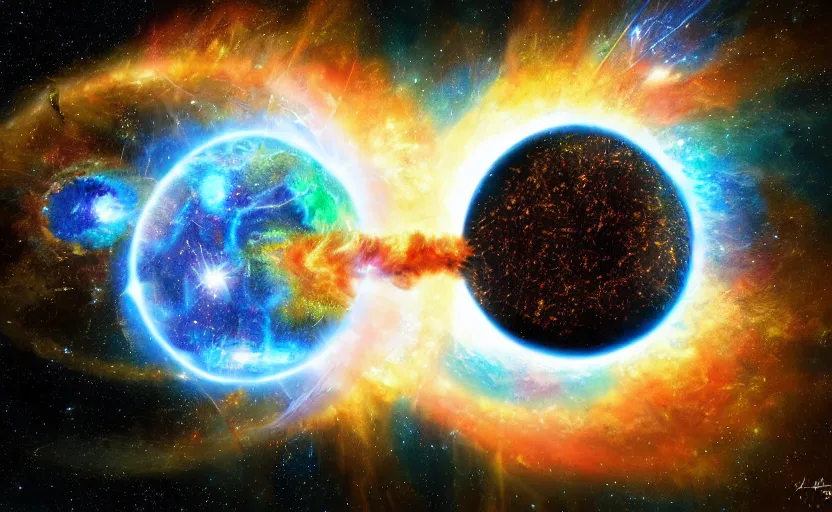 Image similar to A Quasar destroys a planet which explodes, digital Art, Highly Detailed