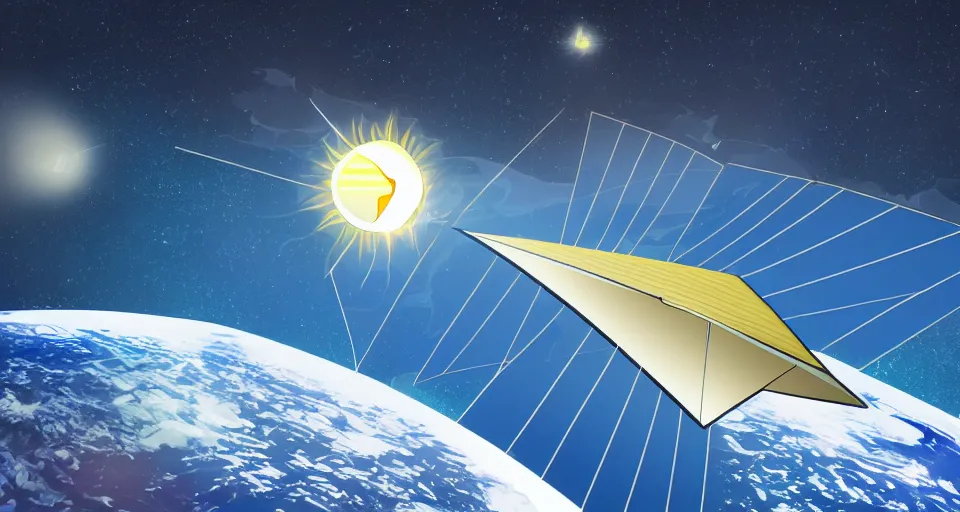 Prompt: solar sail, floating in space between the sun and earth, cartoon illustration