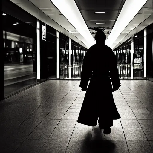 Prompt: a samurai walks alone through a mall at night, gloomy, dark, foggy, night, ominous, dark color, atmospheric, cinematic lighting, intricate detail?