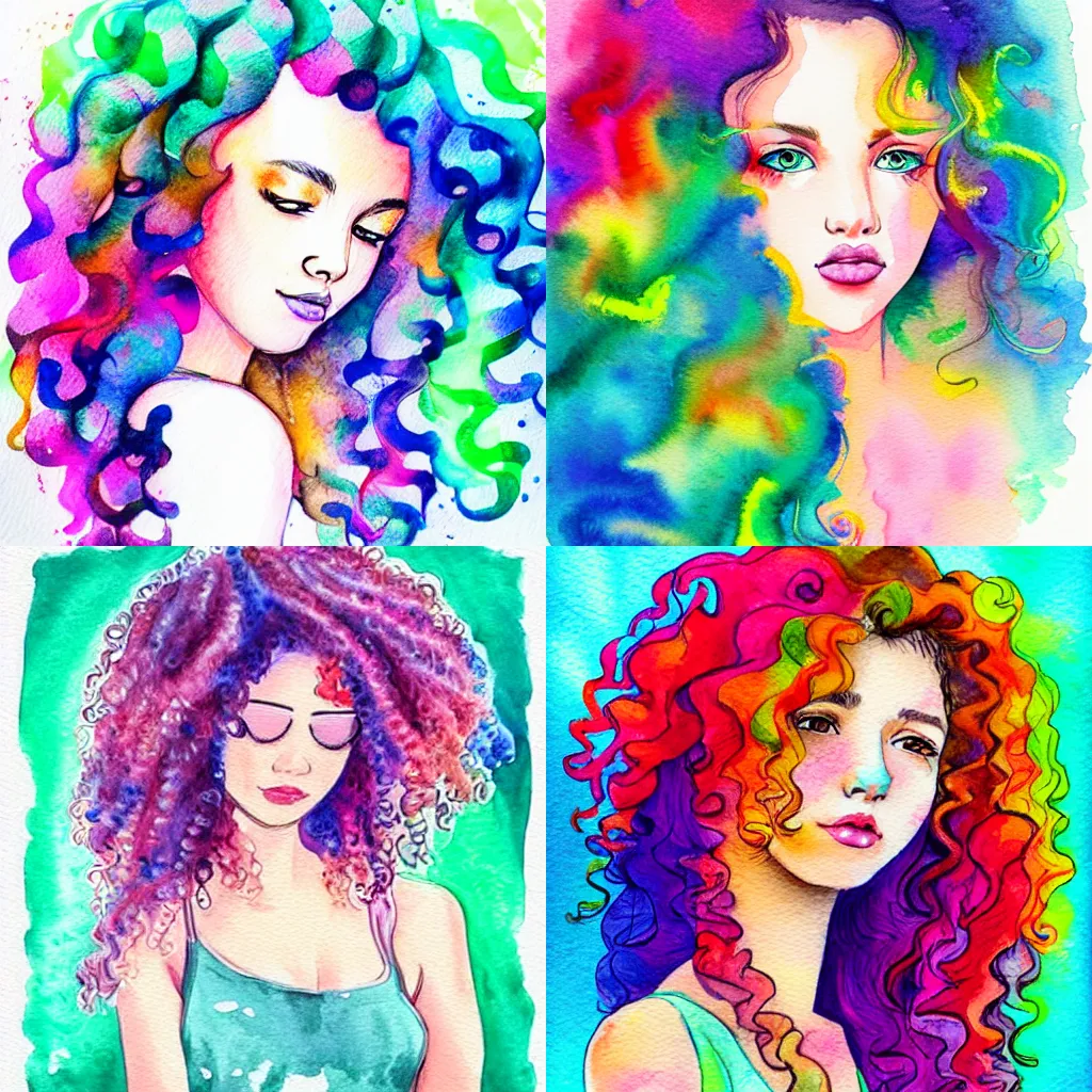 Prompt: beautiful girl with curly hair, watercolor style, colorful, pastel colors, ultra detailed