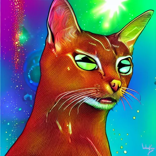 Prompt: cyberpunk excited Abyssinian cat underwater, sparkly, colorful, cyberpunk digital painting