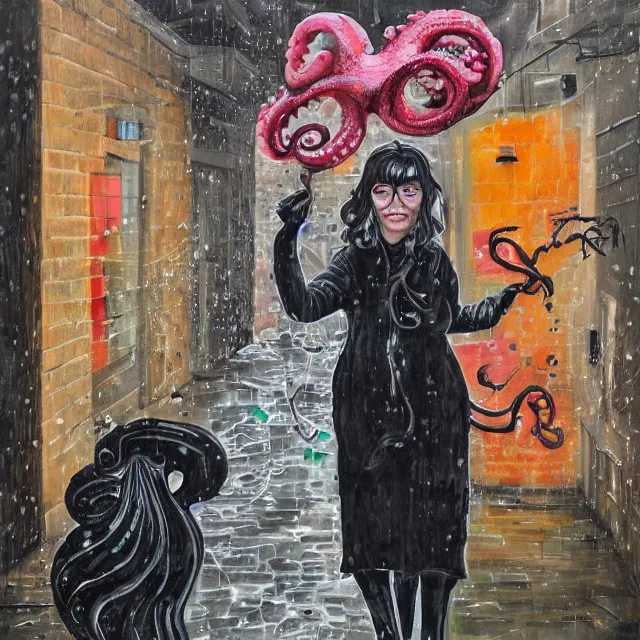 Image similar to a portrait in a dark laneway, a woman holding pancakes, streetlamps, wet, puddles, berries dripping, scientific instruments, ikebana, octopus, neo - expressionism, surrealism, acrylic and spray paint and oilstick on canvas