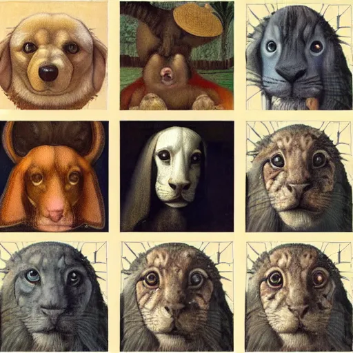 Image similar to multiple paintings by Leonardo Davinci in a 4x4 grid of various cute animals looking adorably at the camera