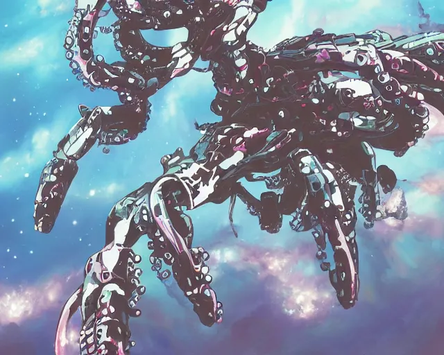 Image similar to beautiful picture of a giant mecha octopus, floating in space, anime style, art by Hajime Katoki, trending on artstation