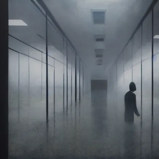 Image similar to empty office space, dark, moody, foggy, made by Sean Yoro and Chie Yoshii, washed colors, high details, realistic